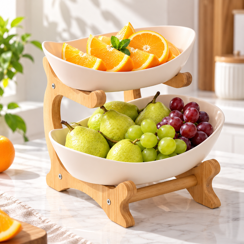présentoir a fruit blanc 2 étages en cuisine, oranges en haut et poires vertes en bas