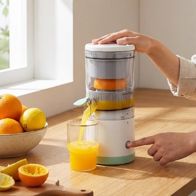 Presse agrume electrique moderne en action, extrayant du jus d’orange frais