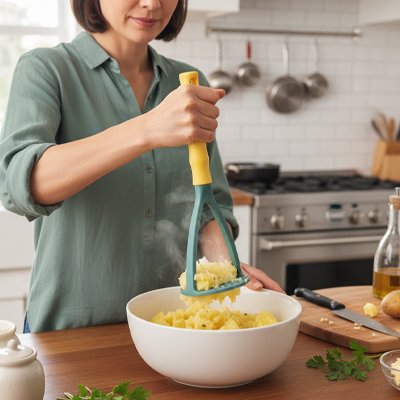 Presse purée vert utilisé par une femme dans sa cuisine