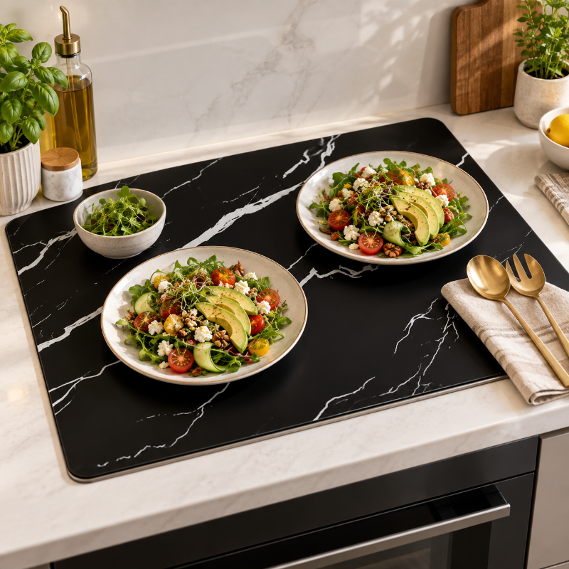 Salades fraîches sur marbre noir