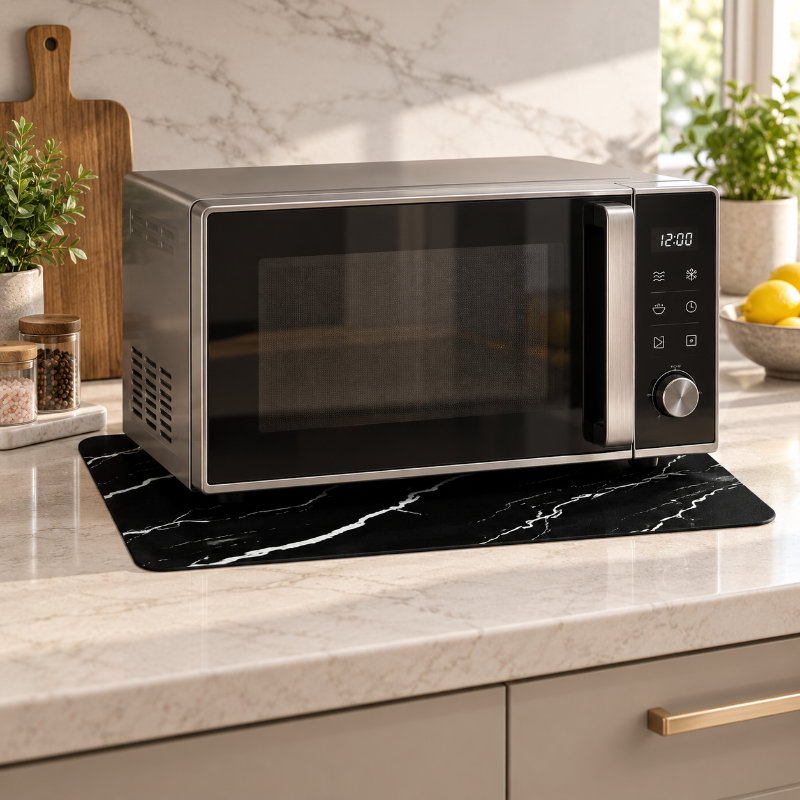 Micro-ondes sur tapis marbré noir