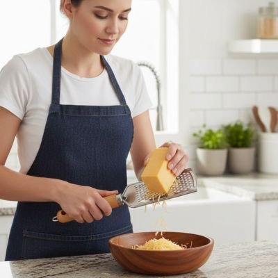 Râpe à fromage en utilisation par une cheffe sur un plan de travail