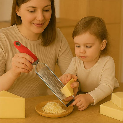 Râpe à fromage une maman et son enfant qui râpe du fromage