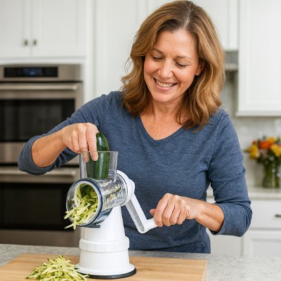 Râpe à légumes manuelle blanc une femme qui Râpe des concombres