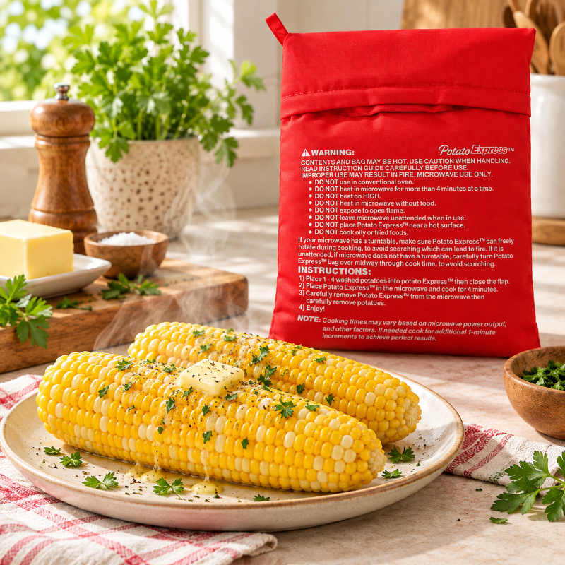 Épis de maïs chauds au beurre présentés avec un sac de cuisson micro-ondes rouge