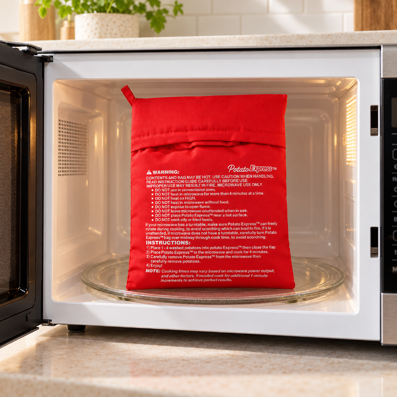 Main plaçant une pomme de terre dans un sac de cuisson rouge à doublure à carreaux