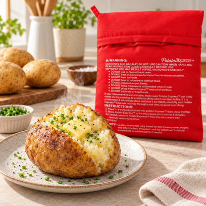 Pomme de terre fondante garnie de beurre et ciboulette avec sac de cuisson réutilisable