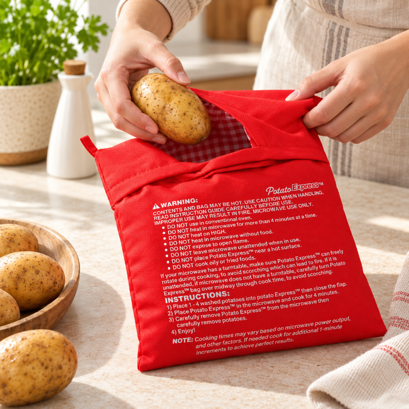 Retrait du sac de cuisson chaud avec une protection thermique après cuisson au micro-ondes