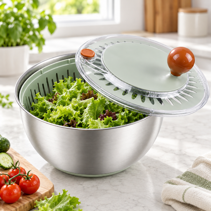 saladier inox 304 avec essoreuse intégrée pratique pour laver et servir