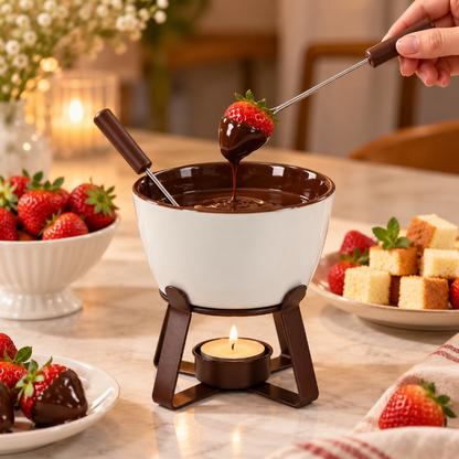 service a fondue ceramique chocolat fraise fruits a deux
