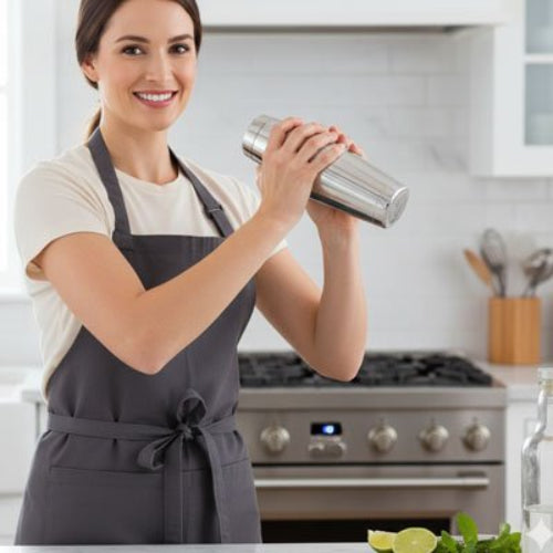 Shaker cocktail ergonomique en utilisation par une femme