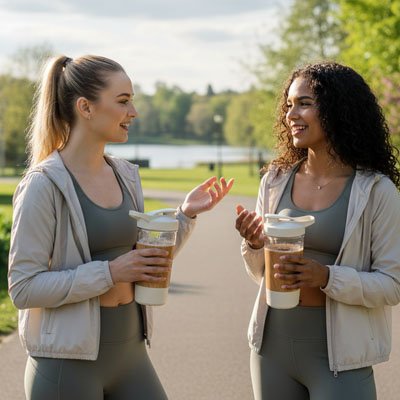 Shaker electrique ergonomique tenu par deux amies faisant du sport