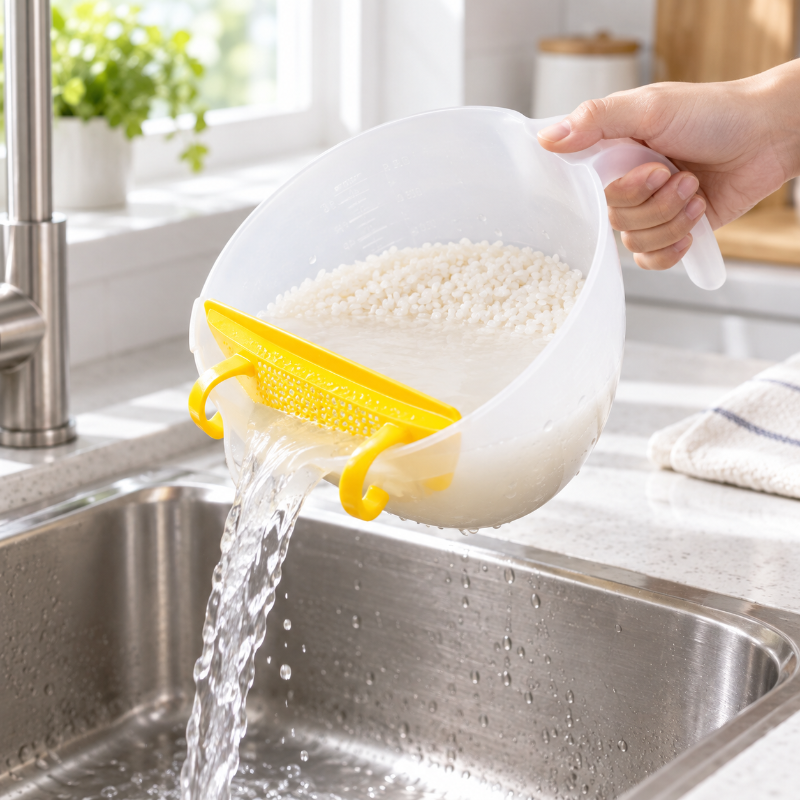 Rinçage du riz au tamis jaune