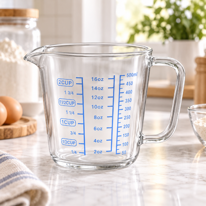 Tasse à mesurer en verre sur comptoir marbré