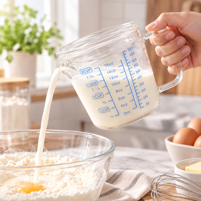 Tasse à mesurer versant du lait dans un bol