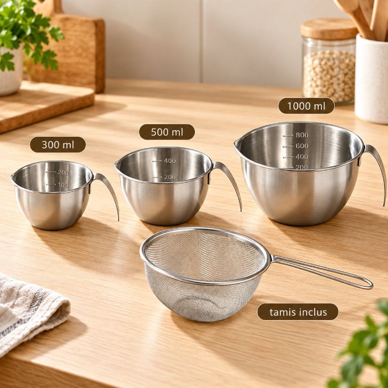 verre doseur 3 taille differentes et un tamis incu