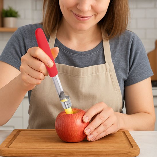 Vide pomme en utilisation sur une planche a découper boi 