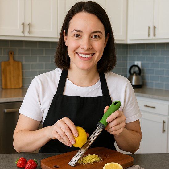 Zesteur tenue par une femme portant un tablier noir
